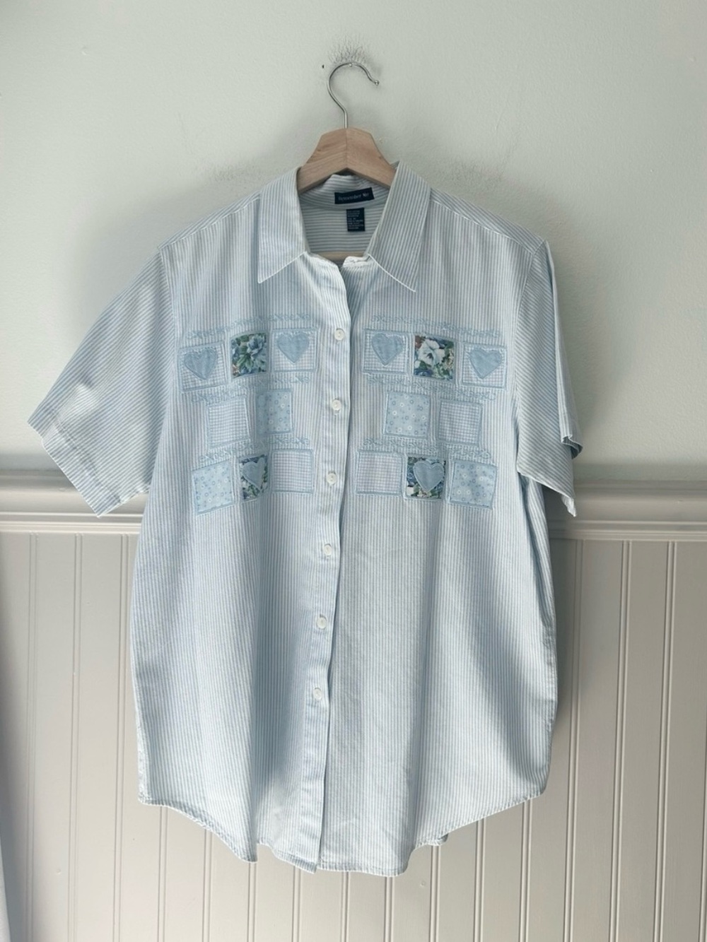 Vintage Remember Me Light Blue Striped Patchwork Button Down Shirt Medium